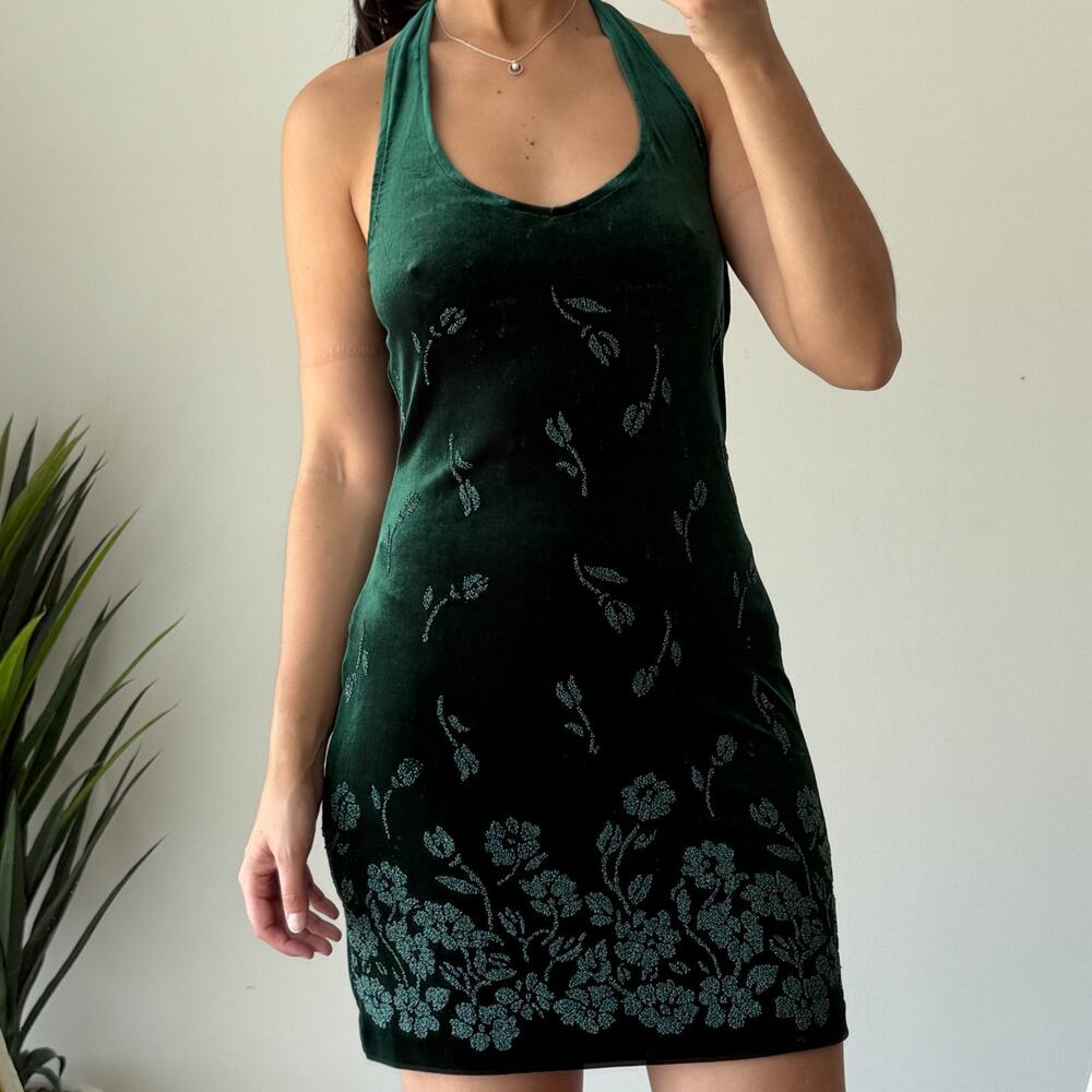 Vintage Velvet Y2K Dress Medium Green Emerald Halter Glam Dark Feminine Goth NWT